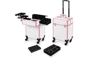 AROUS Rolling Makeup Train Case Cosmetic Travel Trolley 4 Tray with Sliding Rail Removable Middle Layer with Key Swivel Wheels Salon Barber Case Traveling Cart Trunk,White
