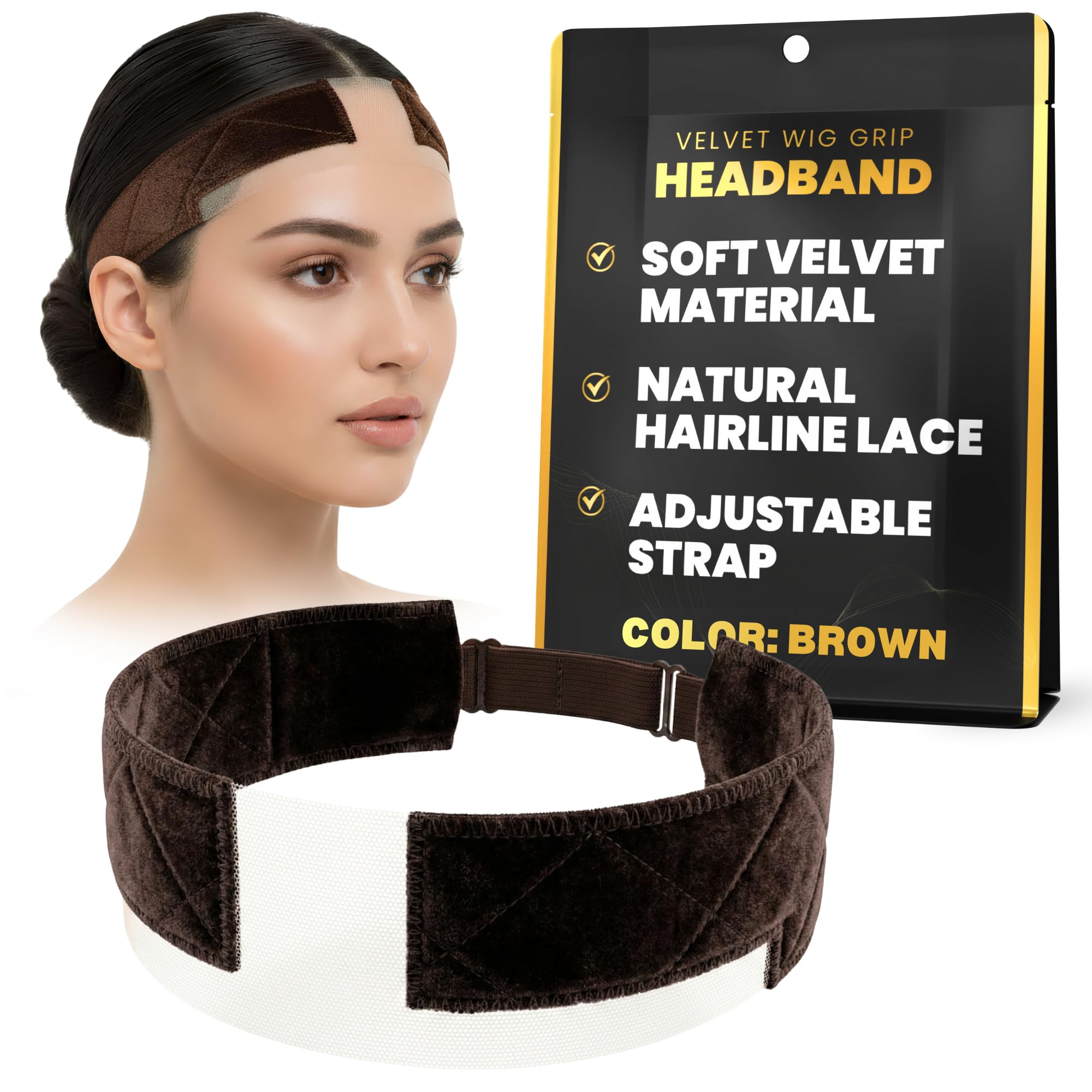 Ultimate Wig Band to Hold in Place Non-Slip Velvet Wig Grip Headband with Ear Cut Outs Adjustable Silicone Free Fix Band, Lace Front & Headband Wigs - Brown