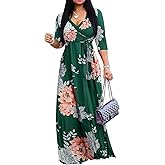 Yajedo Womens Casual Summer Maxi Dress Plus Size Sexy Warp V Neck 3/4 Sleeve Sundress with Poctets