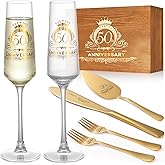 VARLKA 50th Wedding Anniversary Champagne Flutes Gifts, 50th Anniversary Decorations Gold Cake Cutting Set for Wedding Anniversary 50th Gifts for Parents