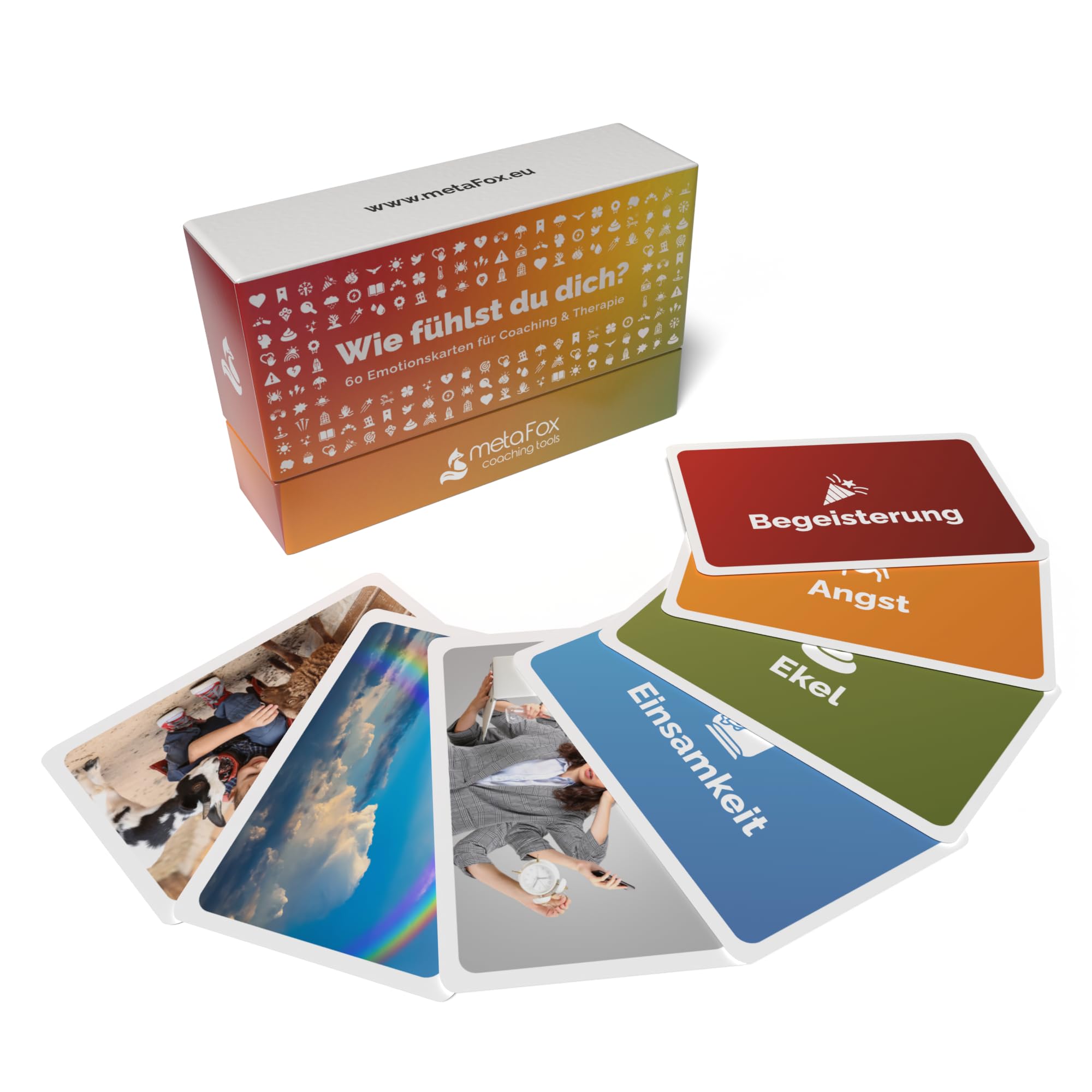 Gefühlskarten 'Wie fühlst du dich?' von metaFox - 60 Emotionskarten für Coaching und Therapie 8 Methodenkarten basierend auf der emotionalen Intelligenz von Daniel Goleman.