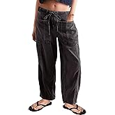 Buxitt Barrel Jeans for Women Stretch Elastic Waist Pull-on Wide Leg Baggy Pants Denim with Drawstring