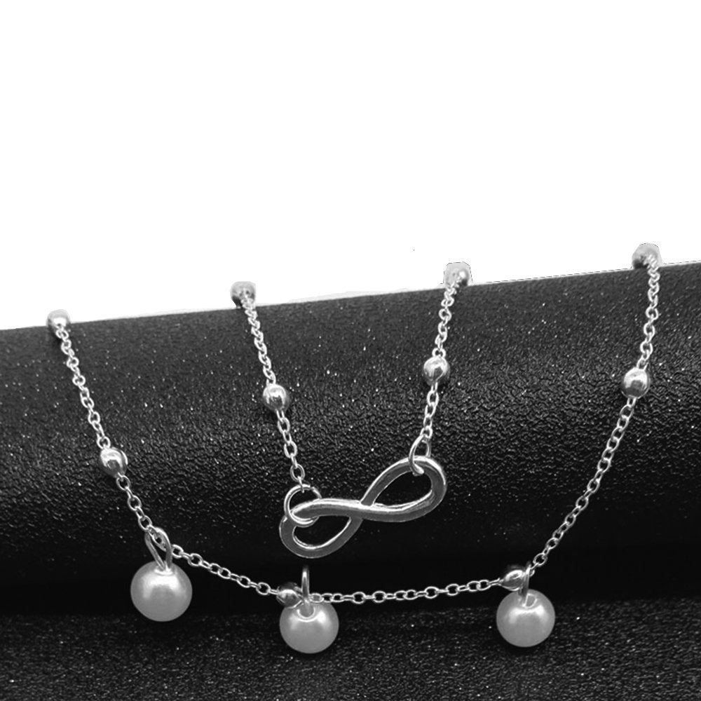 Qenci New Fashion Women Anklet Charm Trendy Artificial Pearls Jewelry Anklet （Sliver）