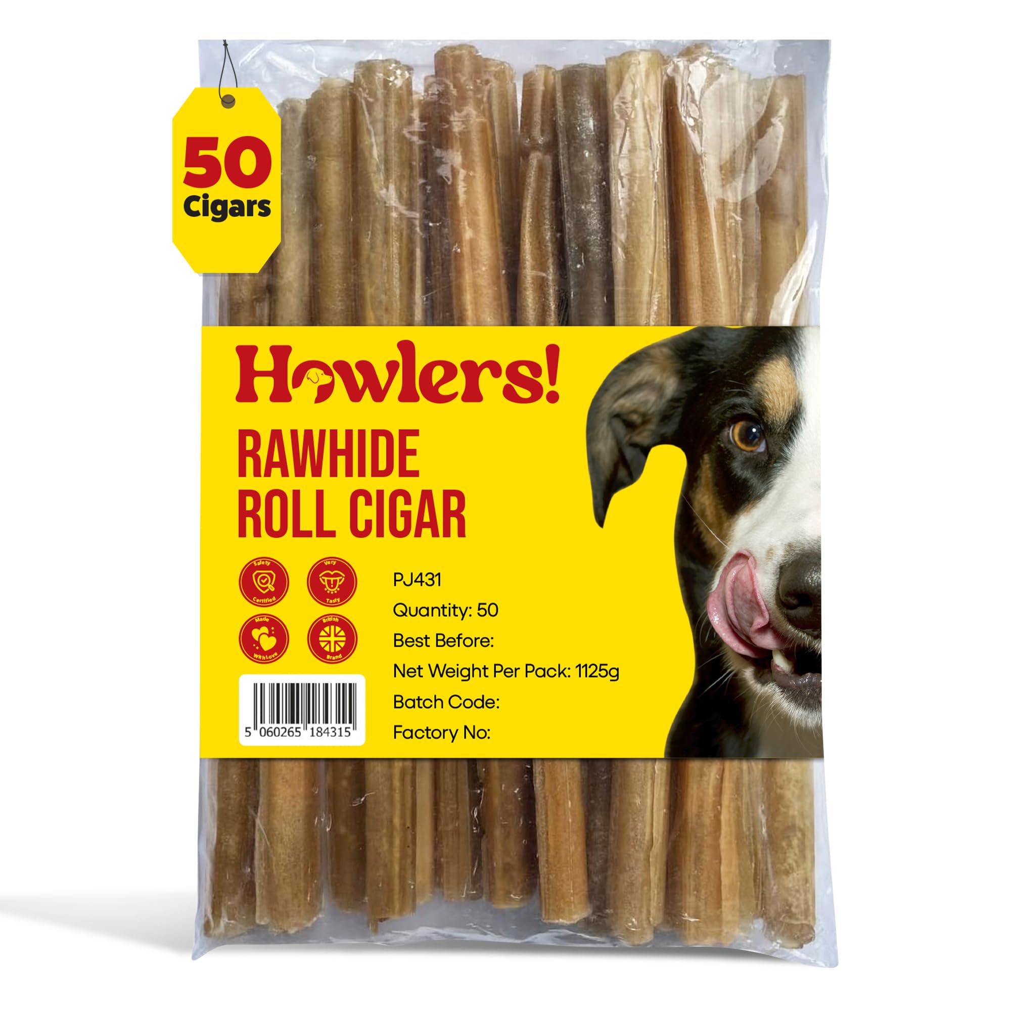 HOWLERS Pack of 50 Natural Rawhide Cigars 1.125 KG | Rawhide Dog Chews Made From 100% Natura Hide | Dog Chew Dog Sizes (50)