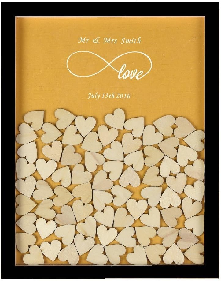 Personalized Engraved Wedding Even Infinity Love Rustic Drop Top Wooden Frame Romantic Wedding Guest Book With 130 Small Wood Hearts (Black & Pearl Yellow).