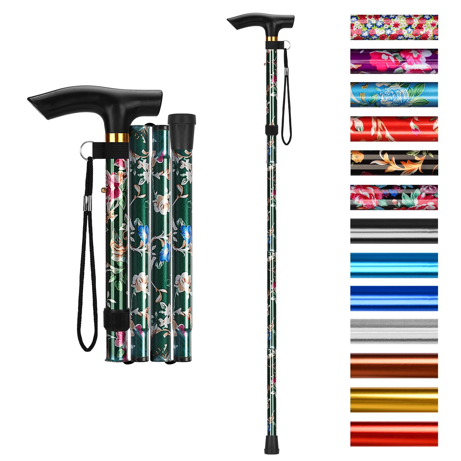 supregear Walking Stick - Adjustable Folding Walking Sticks for Women and Men - Lightweight Portable Collapsible Balancing Aid - Foldable Travel Cane for Ladies Elderly Adults, Green Floral