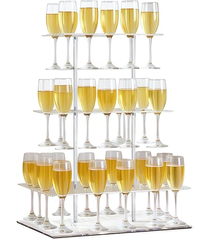 3 Tier Clear Acrylic Champagne Tower With LED Lights - 32 Glass Holder For Weddings & Parties