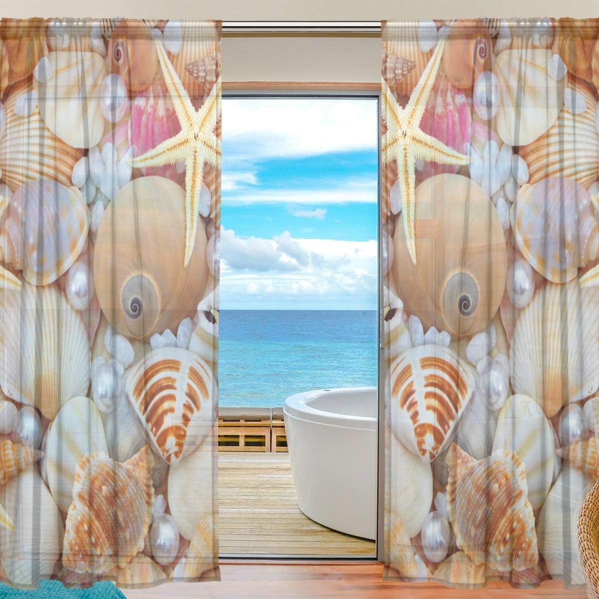 JIRT Sheer CurtainsOcean Seashell Starfish2 Panels,W55 x L84 Inches