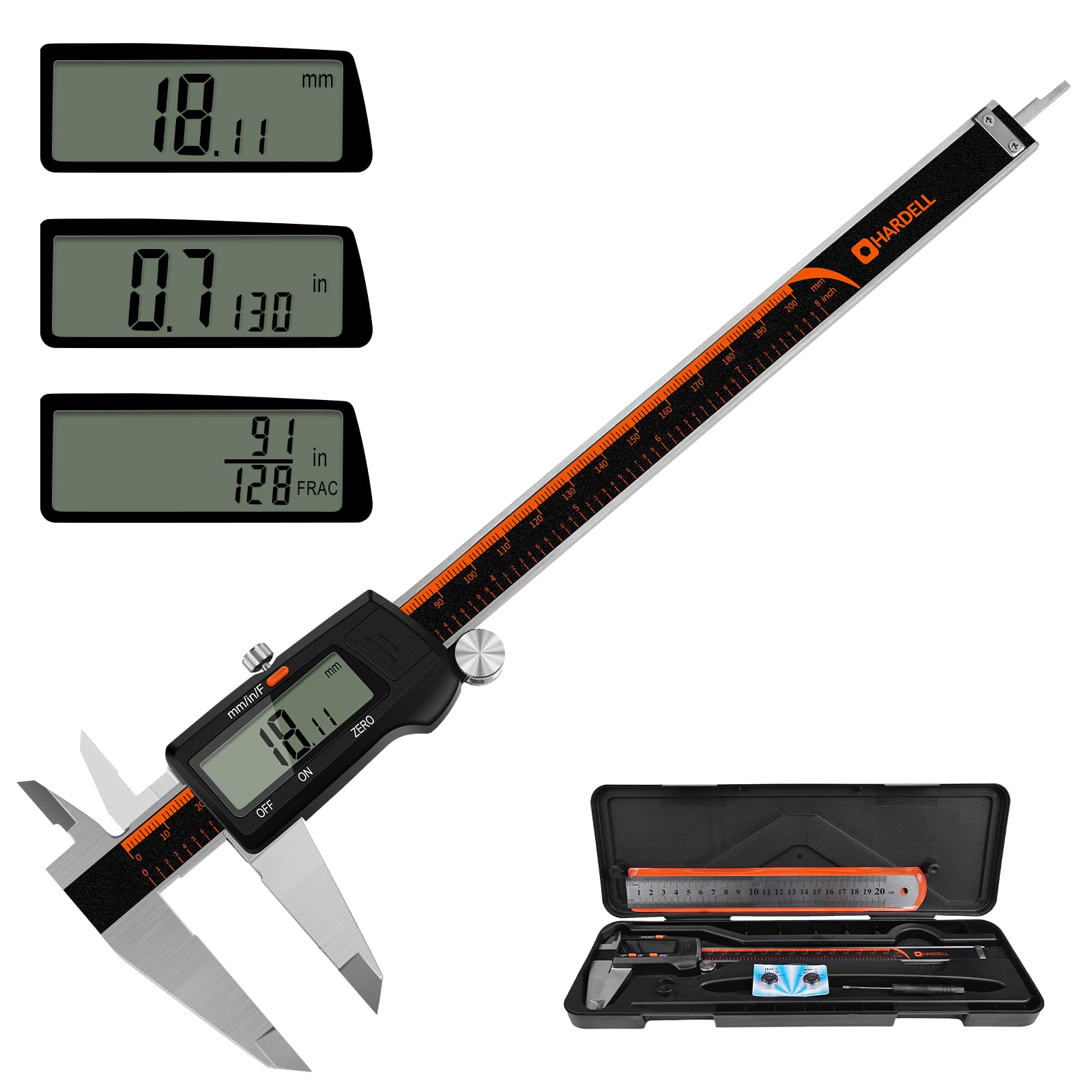 Photo 1 of HARDELL Digital Caliper, 0-8 Inch Measuring Tool Large LCD Screen,Stainless Steel,Auto-Off,Inch/Fractions/Millimeter Waterproof Caliper Digital Micrometer for DIY/Household/3D Printing
