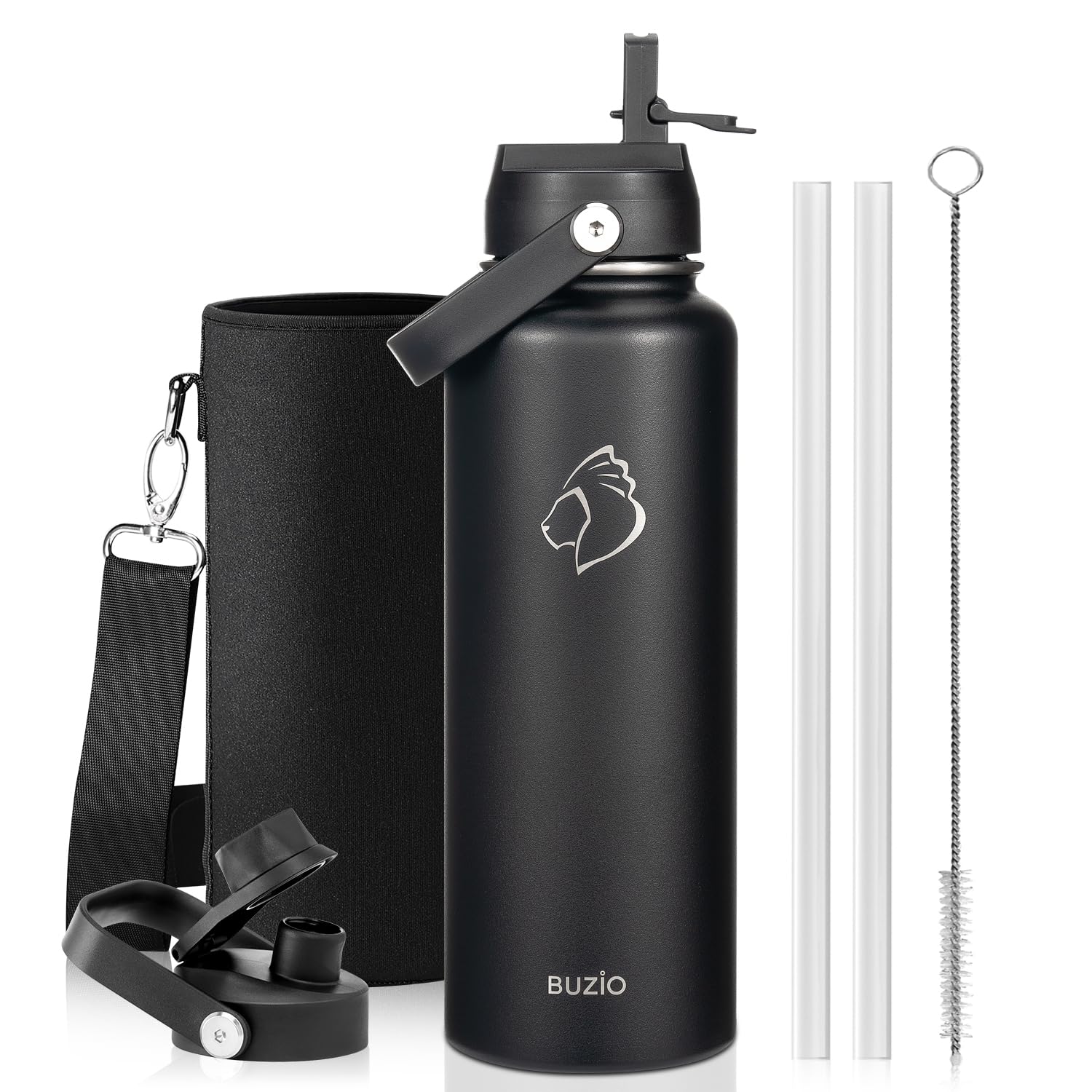 Stainless Steel Water Bottle with Straw, BUZIO Insulated Water Bottle with Straw Lid and Flex Cap 1180 ml Metal Water Bottle Cold for 48 Hrs, Hot for 24 Hrs Double Wall BPA Free Leak Proof, Black — image 1