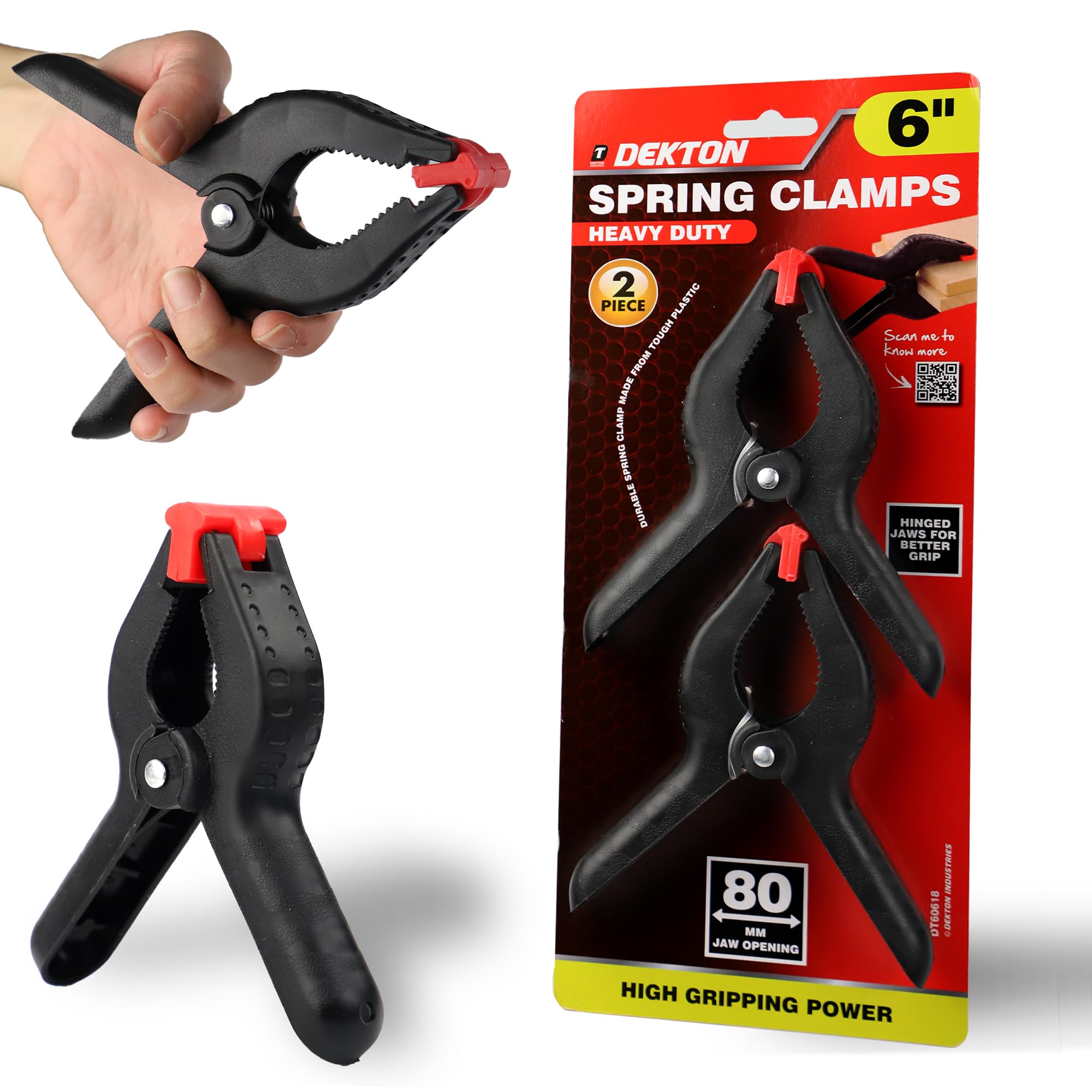 Dekton 2PC 6" Pro Clamp with 80mm Jaw Opening, Heavy Duty Rubber Non-Slip Grip, Durable Tough Plastic Construction, Hinged Jaws for Improved Grip on Uneven Surfaces, Ideal for Wood & DIY Projects