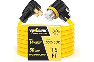 YOMILINK 15 Feet 50 Amp RV/Generator Cord, UL Listed, Locking Connector, NEMA 14-50P to SS2-50R Twist Locking, Newly Designed 90°Grip Handle, 6/3+8/1 Gauge STW Wire