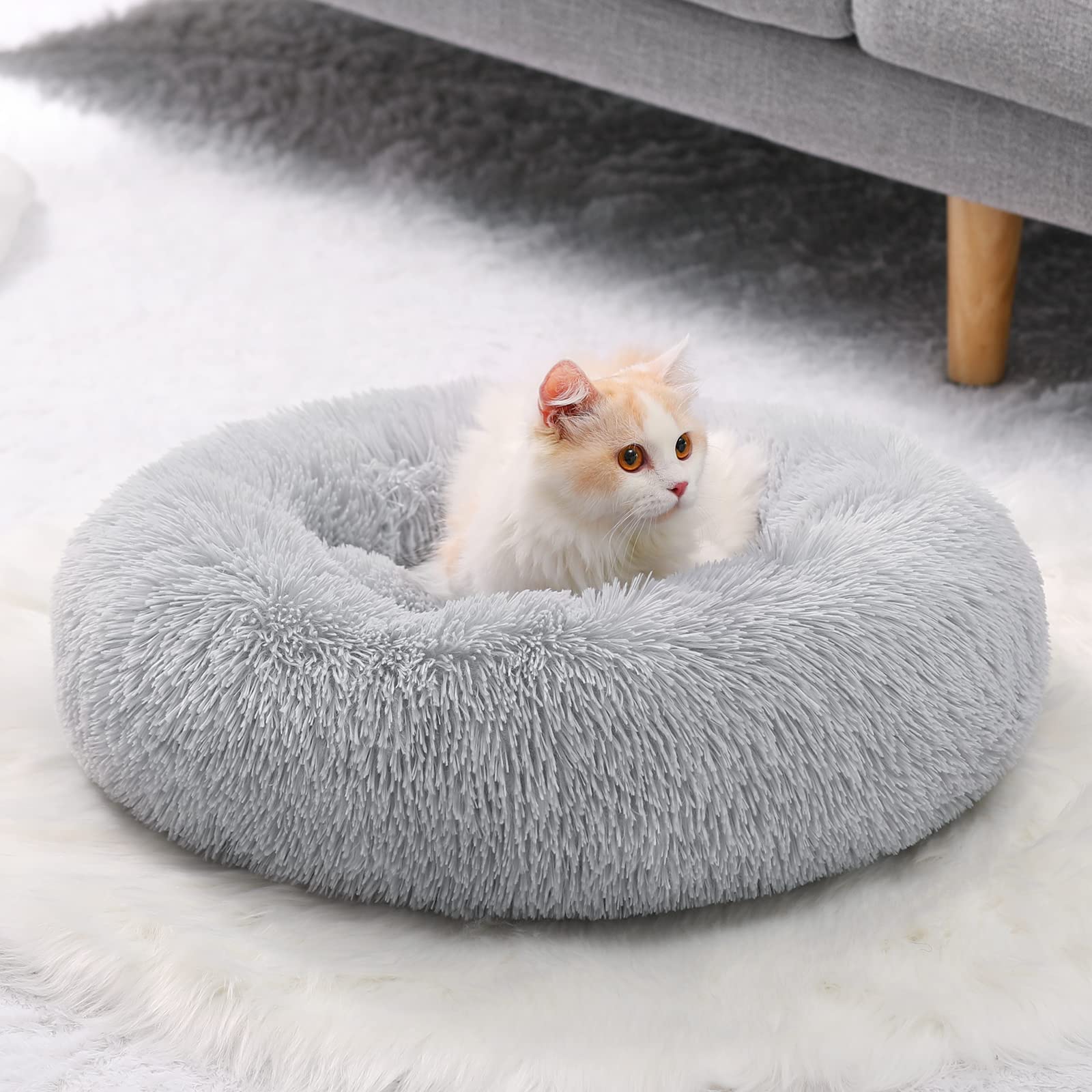 YOJOGEE Small Cat Bed for Indoor Cats, Self-Warming Donut Kitty Bed for Small Cats Keeping Warm, Washable Pet bed with Anti Slip Base, Grey 40cm — image 1