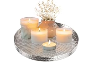 LBYNG 11 Inch Hammered Silver Small Serving Tray, Circle Round Candle Plate Decorative Tray, Aluminum Vanity Tray for Jewelry, Make up and Perfume, Food Display Coffee Table- Handcrafted in India
