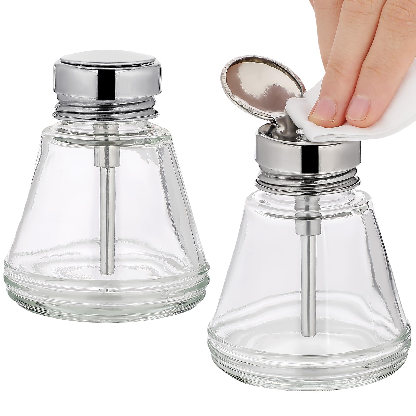 Photo 1 of Lallisa 2 Pcs 6 Oz/ 180 ml Pump Dispenser Bottle Empty Push Down Glass Dispenser Bottle with Flip Metal Cap Makeup Remover Alcohol Pump Sanitizer Container for Nail Polish