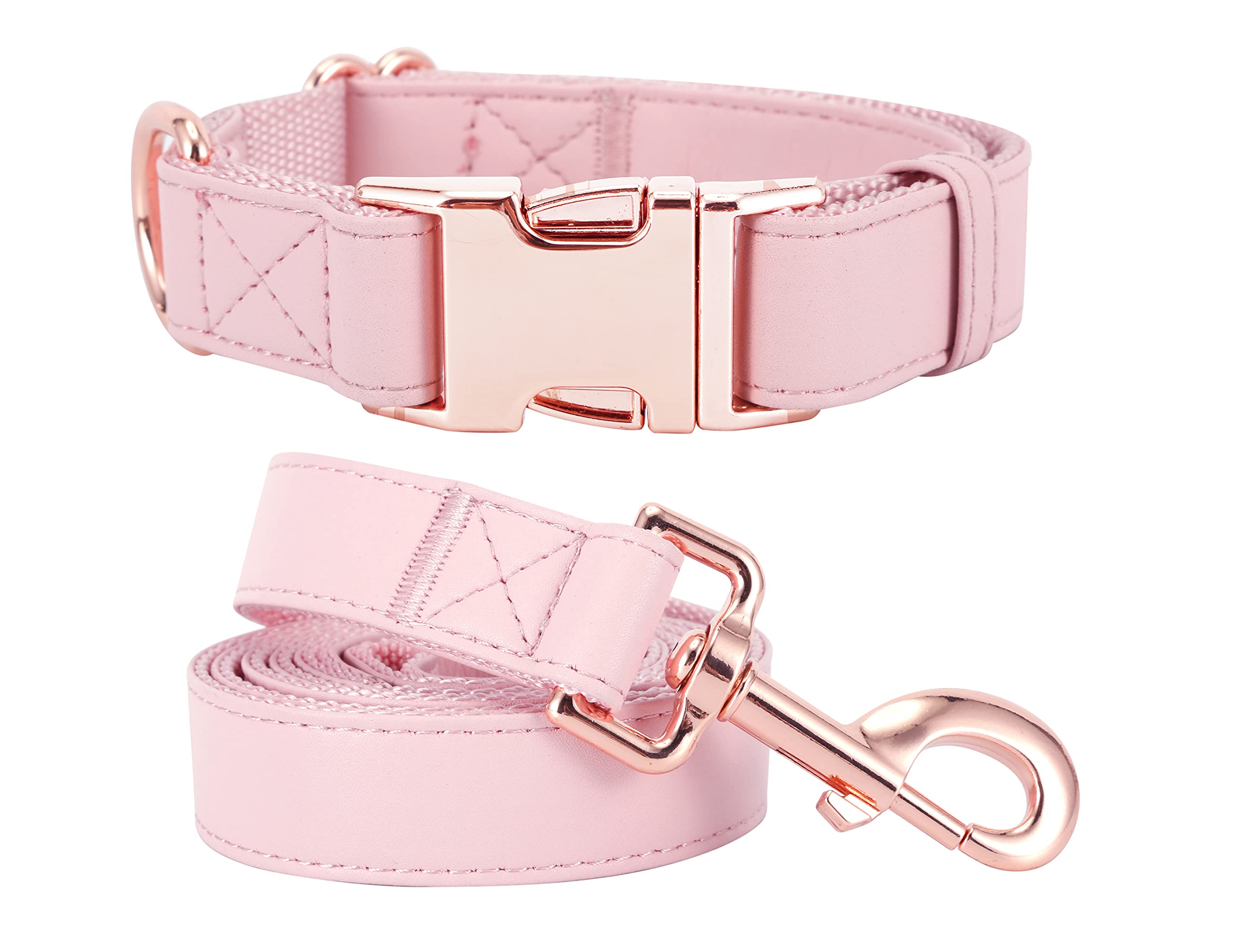 Dog Collar and Leash Set.Soft and Easy to Clean Vegan Leather with Rose Gold Metal Buckle for Small Medium Large Dogs(M(13.8"-19.7"), Pink)