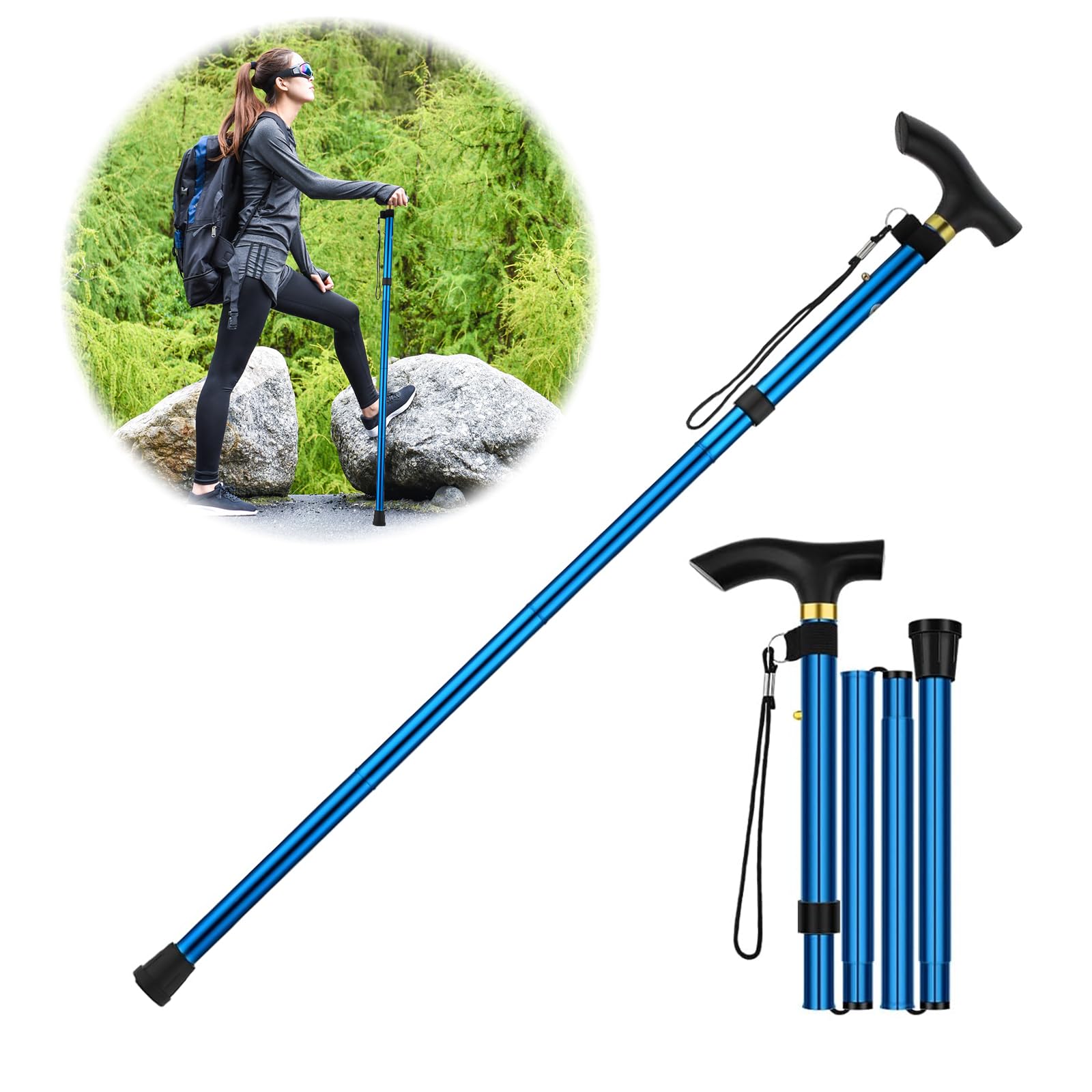 GUOYOU Walking Stick Extendable Folding Aluminium Walking Cane Adjustable Mobility Aids Walking Stick for Seniors Disabled Ladies Men Outdoor Accessories Height 95cm Approx (Blue)