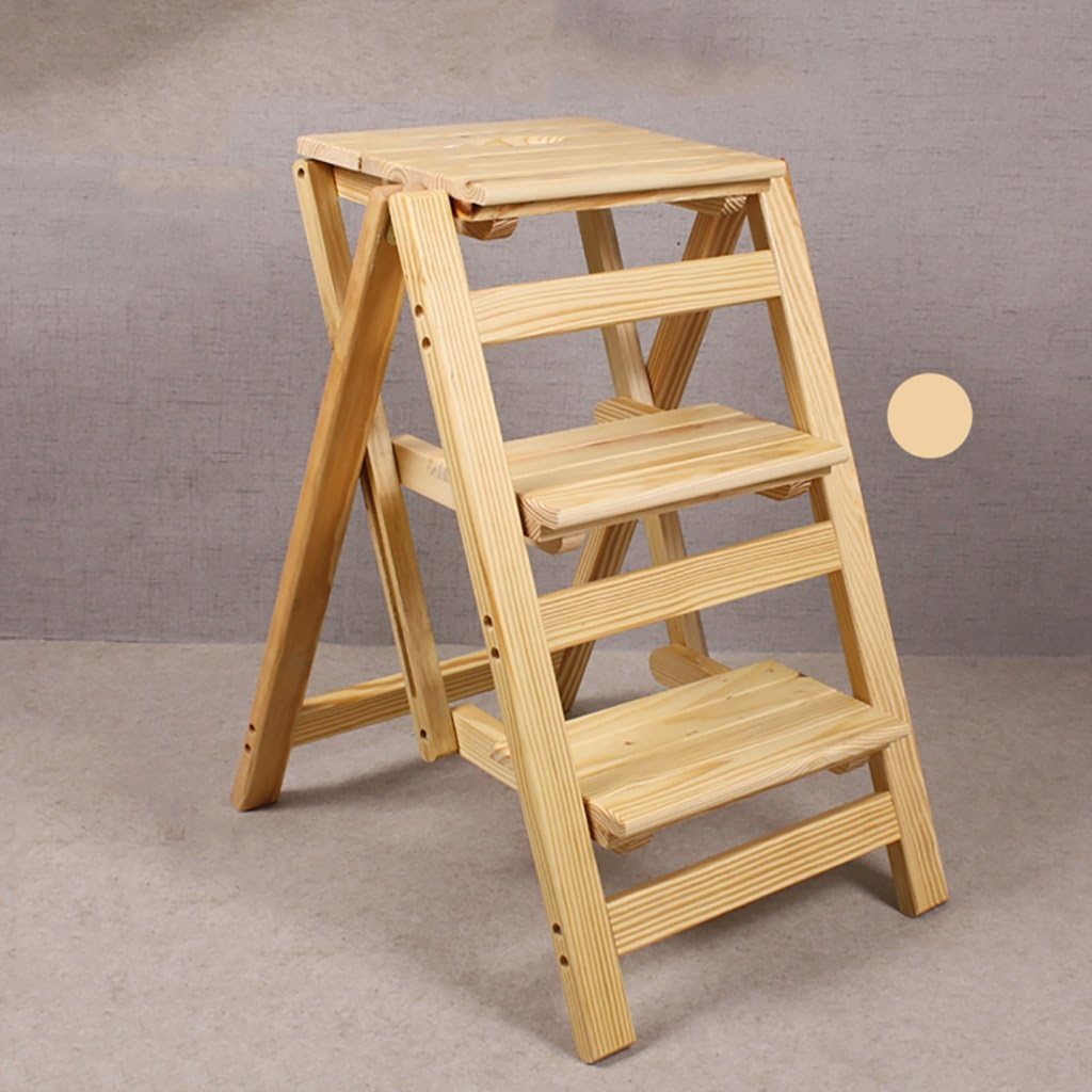 Solid Wood Step Stool/Household Multi-functional Solid Wood Ladder Foldable Three-step Ladder Portable Small Wooden Ladder 42*56*65.5cm (Color : 2)