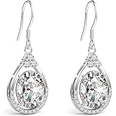 18K White Gold Plated Sterling Silver Oval Cut Cubic Zirconia Drop Dangle Earrings for Women Hypoallergenic Statement Earrings Gifts for Women Mom