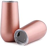 Sivaphe 6 Ounce Stemless Champagne Flutes with Lid, Small Stainless Steel Resuable Toaste Mug, Rosegold Insulated Champagne Tumbler 2 Pack
