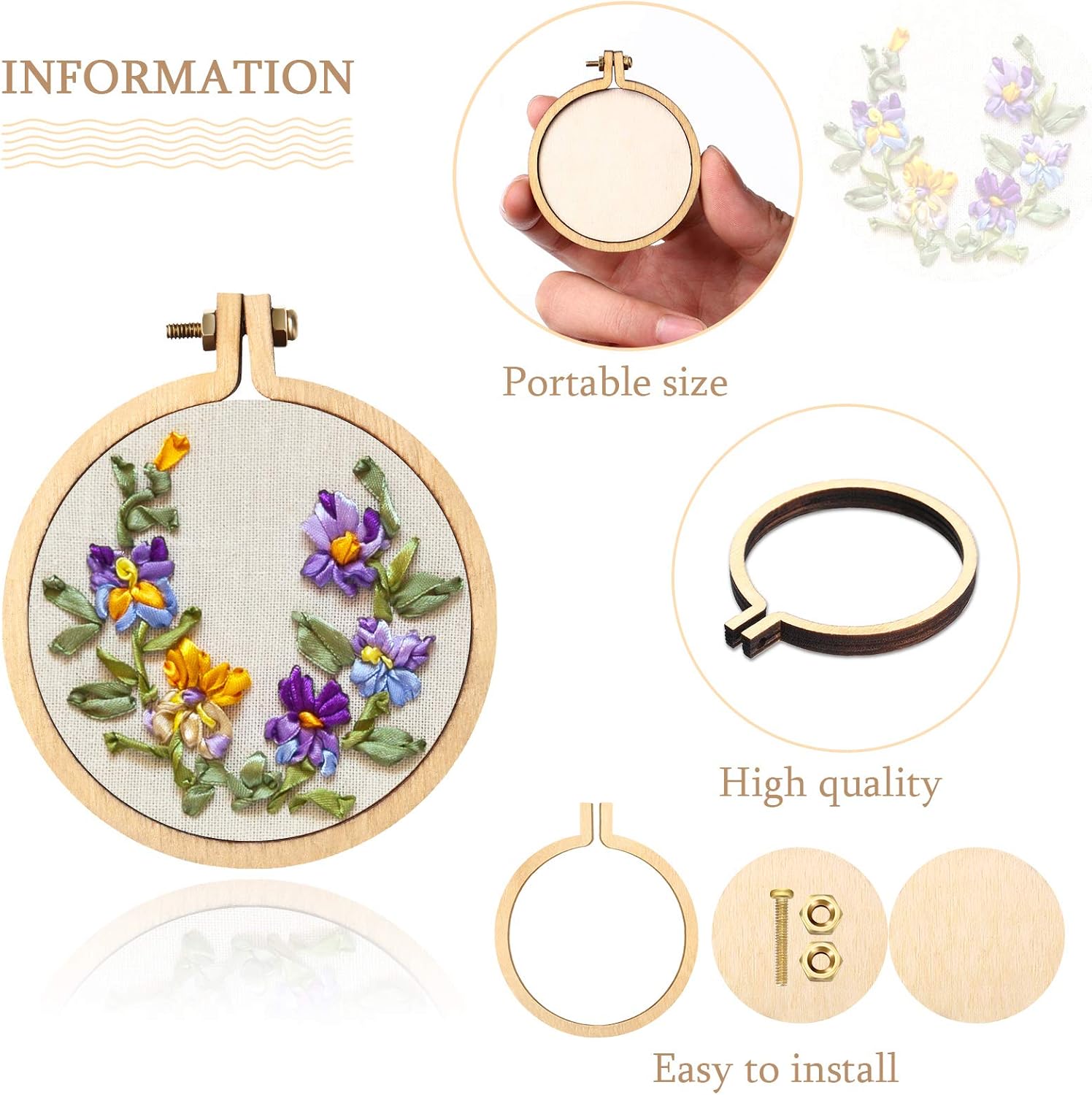 Syhood 16 Sets Mini Embroidery Hoop Wooden Mini Stitch Hoop Ring for DIY Pendant Crafts Round, Oval Vertical, Oval Horizontal - Image 3