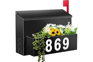 PYOIMMNE Wall-Mount Mailbox with Flag, Large Capacity Mailboxes for Outside House with Planter & 3 Sets of 0-9 Mailbox Number Stickers, Galvanized Steel Rust-Proof Post Box Metal Mail Box (Black)