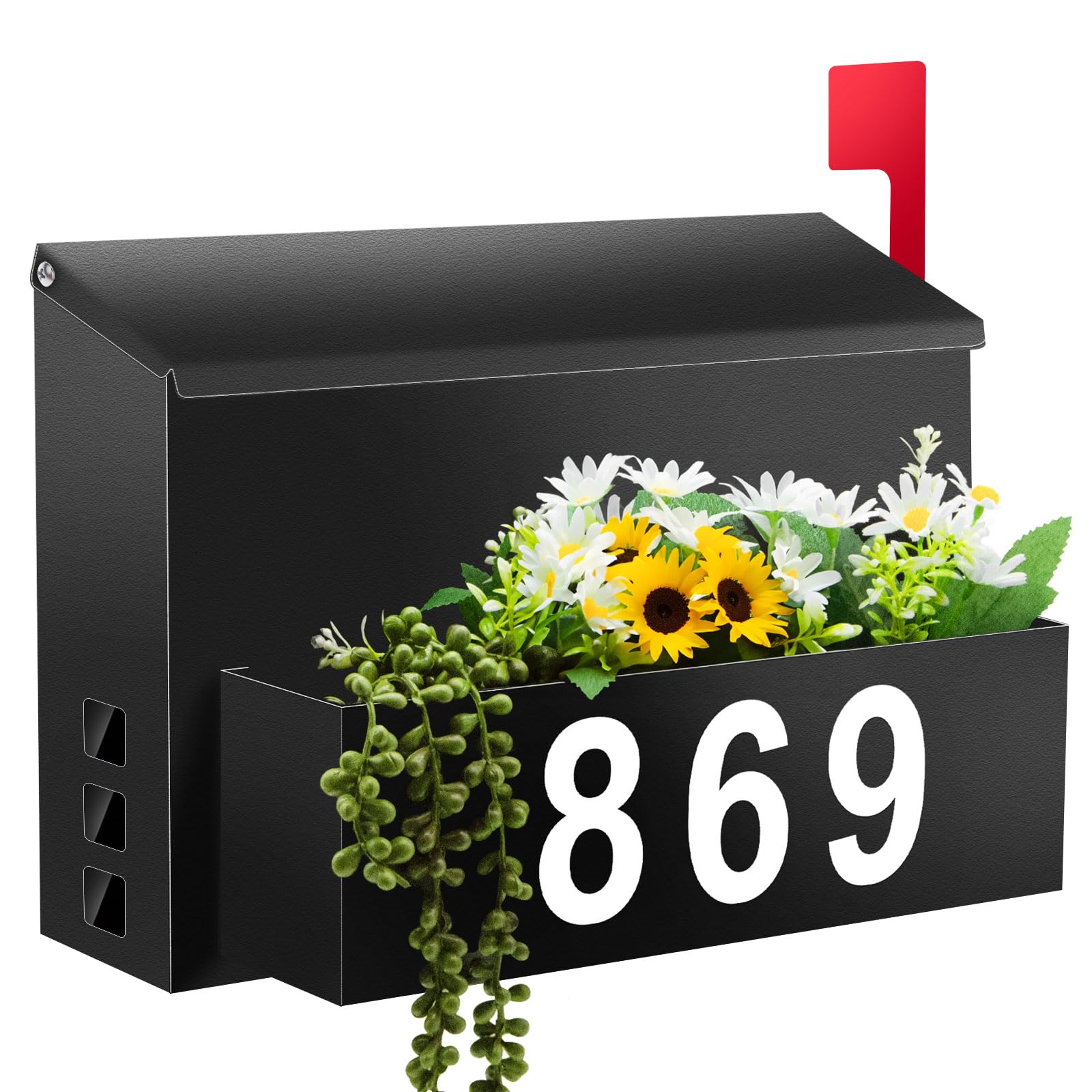 Photo 1 of Wall-Mount Mailbox with Flag, Large Capacity Mailboxes for Outside House with Planter & 3 Sets of 0-9 Mailbox Number Stickers, Galvanized Steel Rust-Proof Post Box Metal Mail Box, 13.8"W*9.8"H*3.9"D