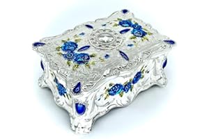 TRUEWON Jewelry Chest Rose Pastoral Style Metal Box Trinket Vintage Trinket Gemstone Storage Tray Treasure Souvenir Gift Case for Girls Women (White Blue Golden, Medium)