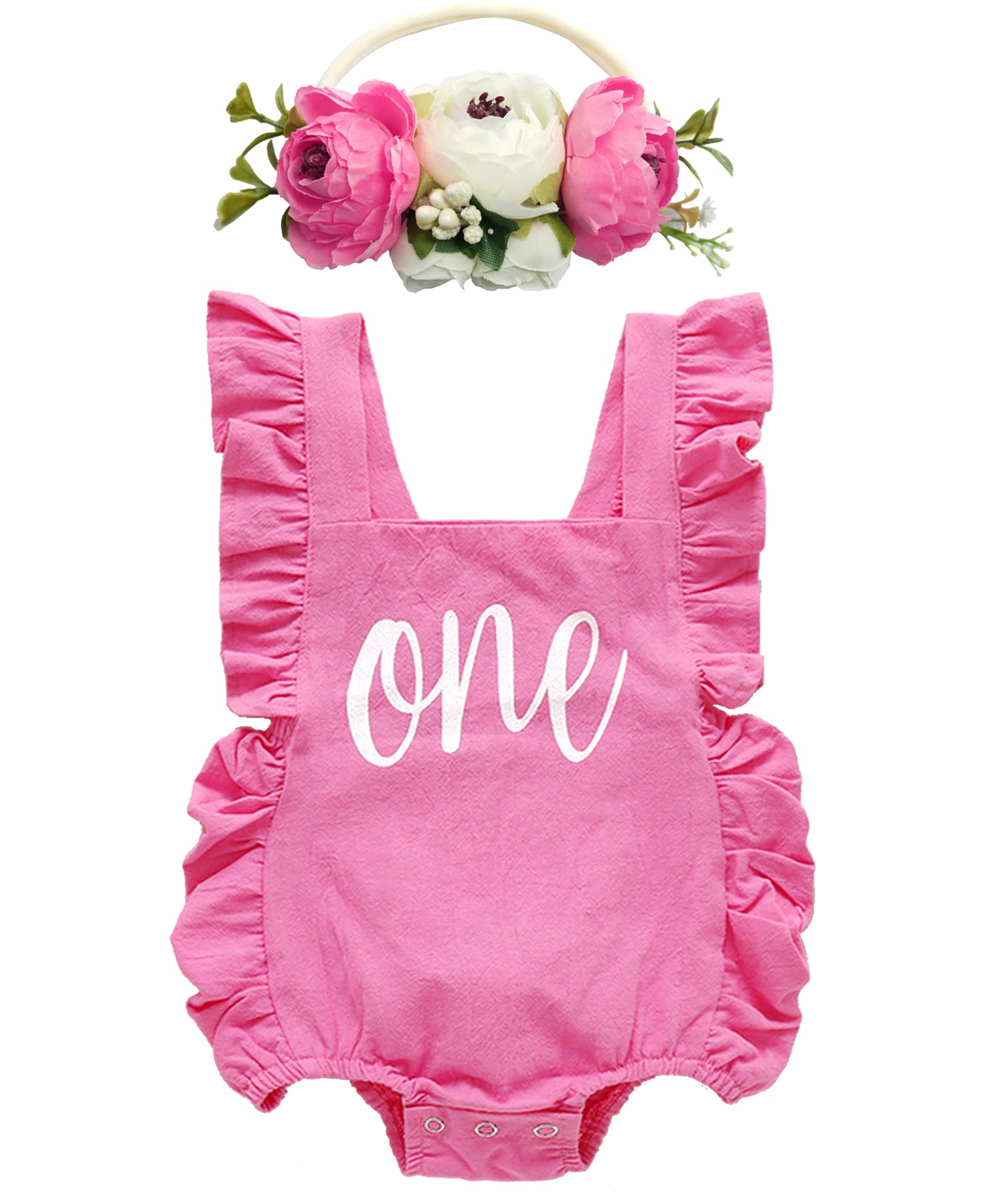 Photo 1 of **missing headband**BGFKS Ruffle Sleeve Romper for Baby Girl, Toddler Girls 1st Birthday Bodysuit with Flower Headband.(Hot Pink,6-12 Months)