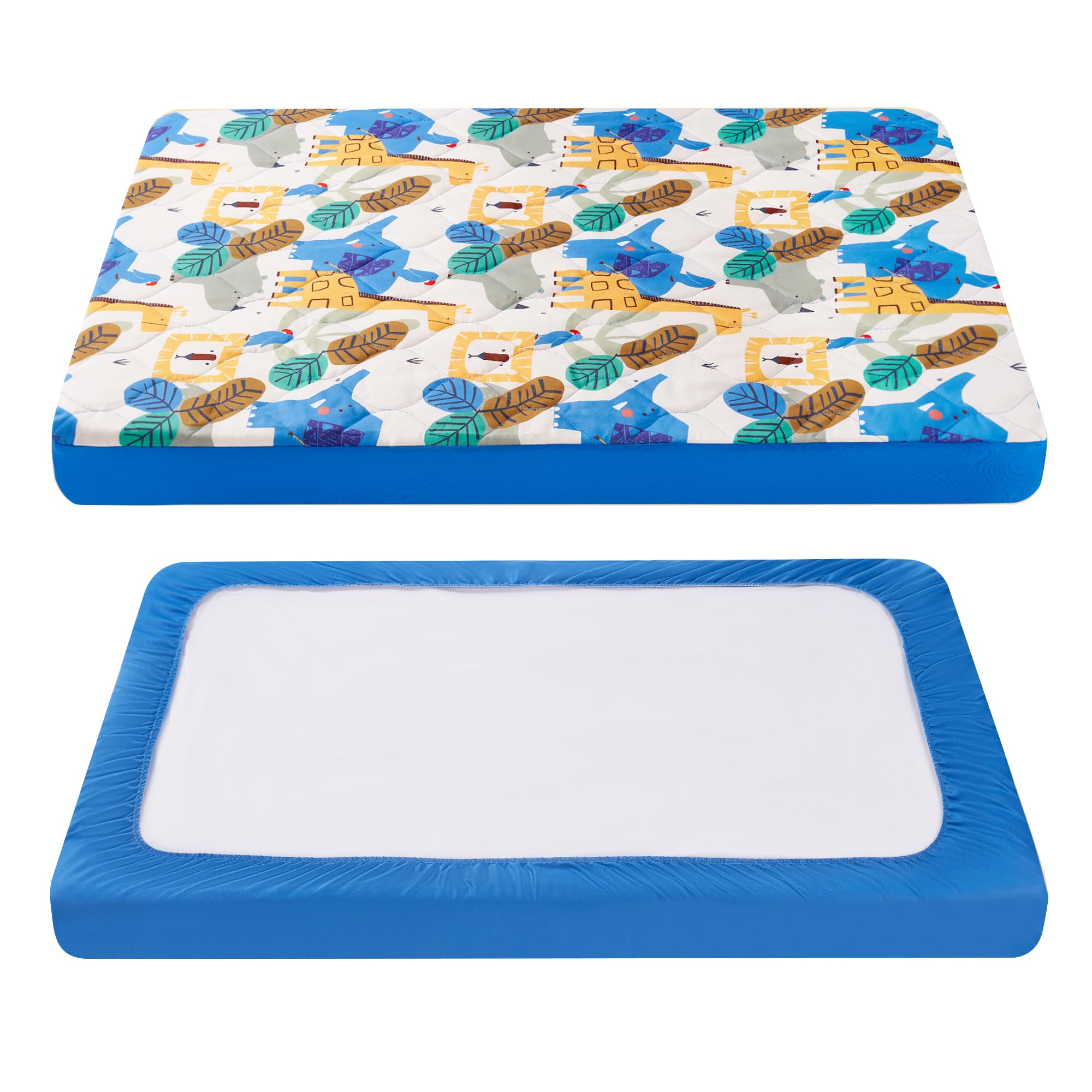 Photo 1 of TILLYOU Pack and Play Sheet - Soft Quilted Crib Cover Pad, Toddlers Mattress Protector with 1''-3'' Deep Pocket, Thick Play Yard Playpen Sheets, Crib Mattress Pad 39"x27", Animal Geometry
