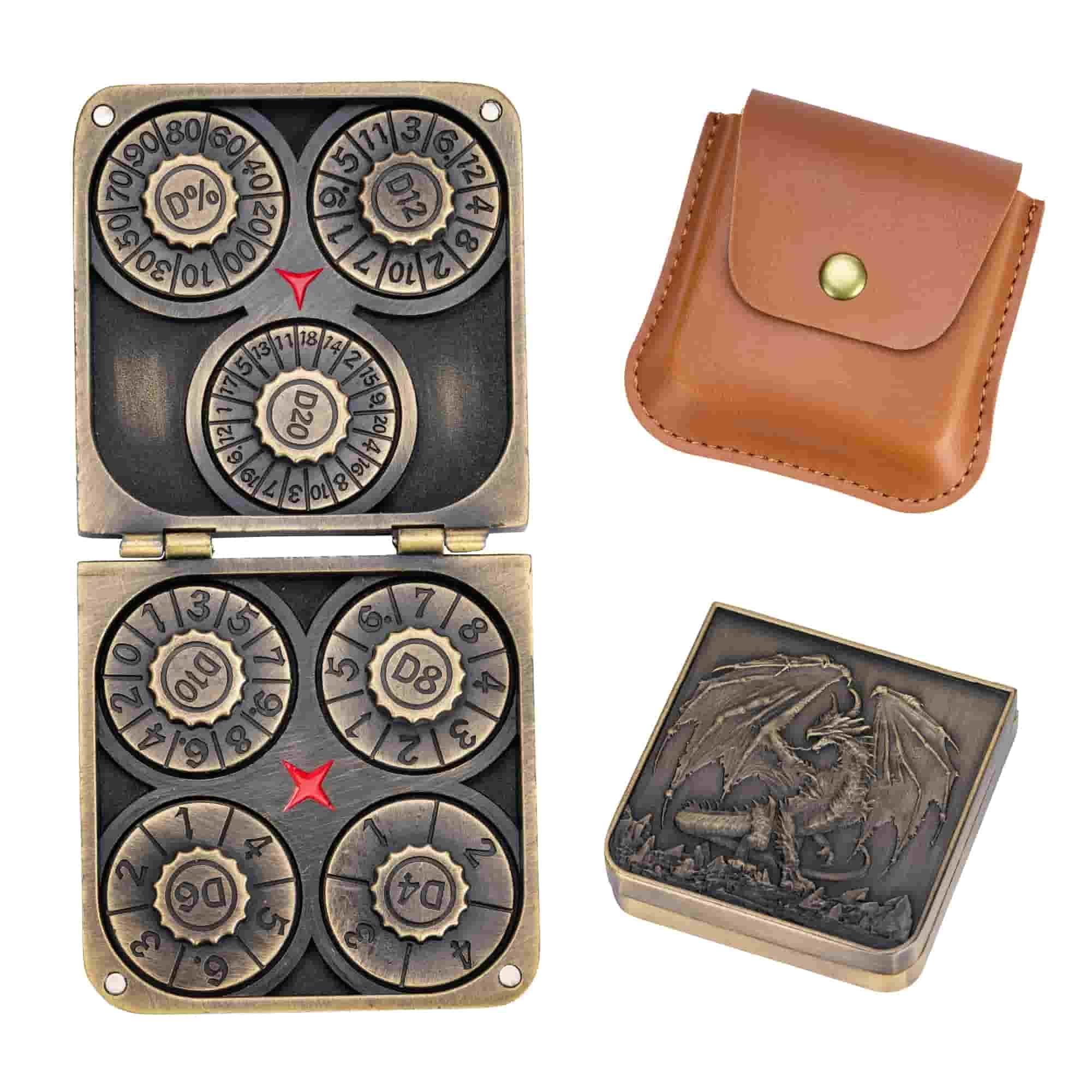cusdie 7-in-1 Foldable Spinner Metal DND Dice Set with PU Leather Bag – Compact Design with D4, D6, D8, D10, D12, D20, D% for Role Play Game Gifts