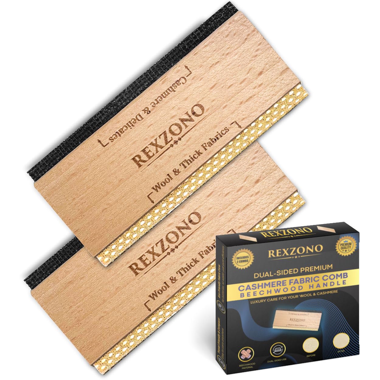 Rexzono® Beechwood Cashmere Comb, Wooden Fabric Shaver, Portable Depiller Tool for Sweaters, Wool, Knits, Scarves, and Clothing, Removes Fuzz, Bobbles, and Pills (Double-Sided Beechwood - 2 pcs)