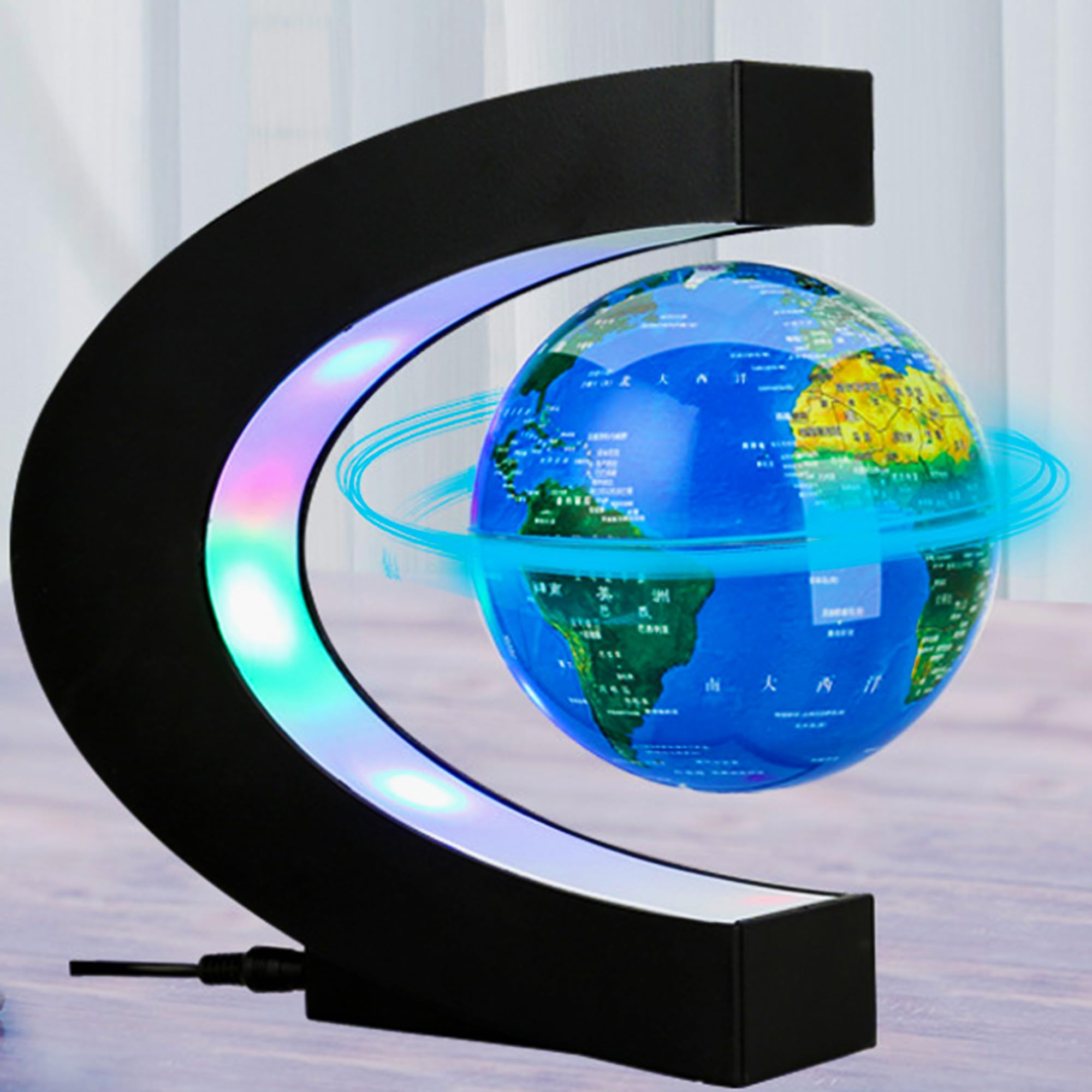 XUBX Magnetic Floating Globe with LED Lights, C Shape Magnetic Float World Map Floating Globe, Rotating World Map for Desktop Home Decor Office Decoration