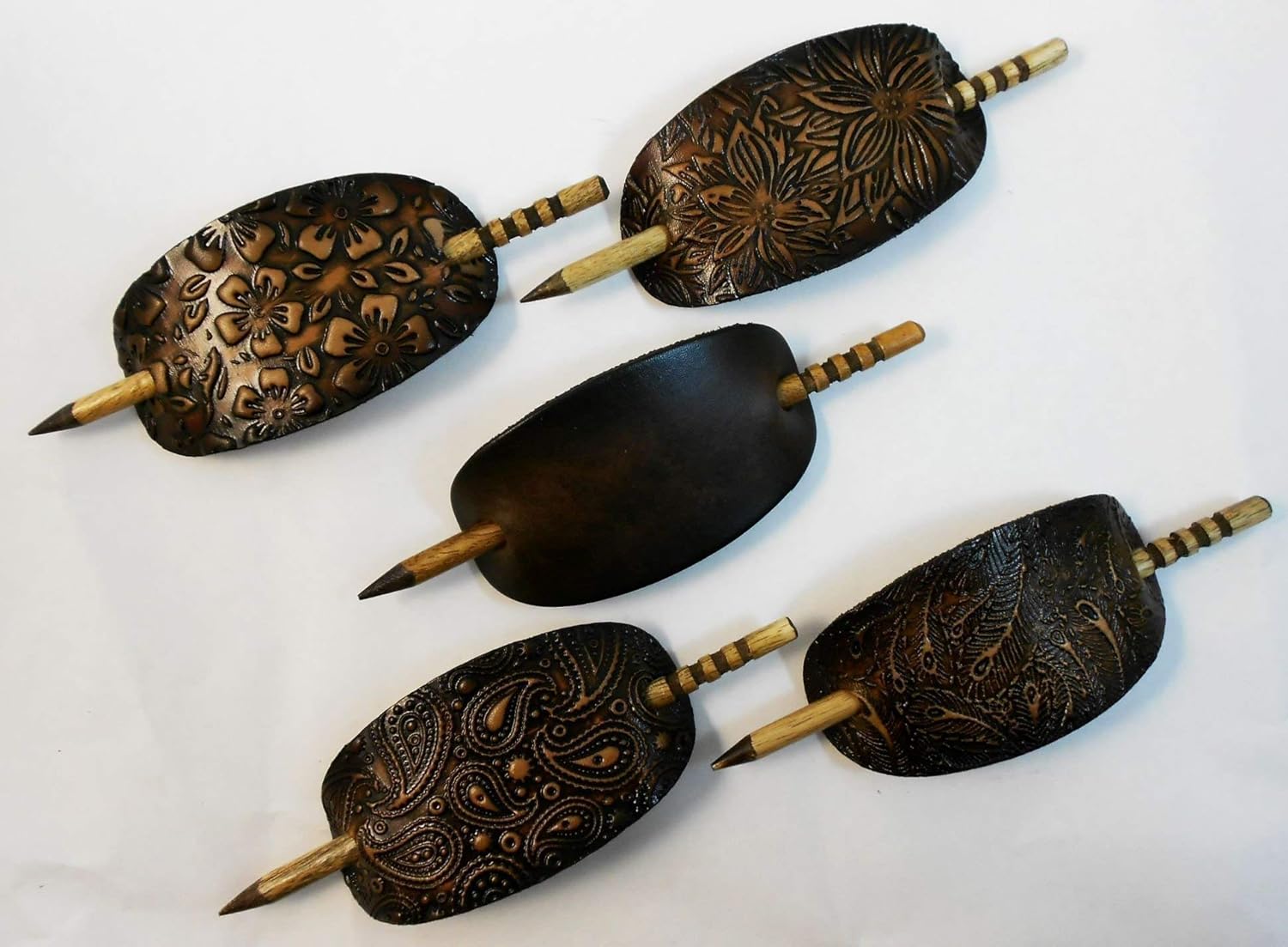 2 Large Leather Hair Barrettes w Sticks, Oval Shape