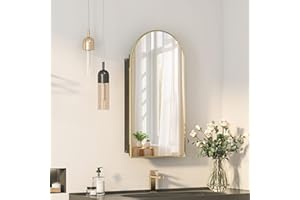 Mepplzian Recessed Medicine Cabinet Mirror,Brushed Brass Gold Arched Medicine Cabinet with Mirror for Bathroom,Metal Edge Mirrored Medicine Cabinets,in Wall Arch Mirrored Cabinets with Storage 16x31
