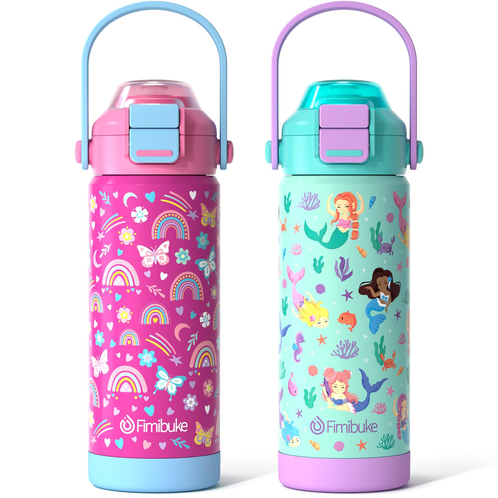 Photo 1 of ***NO STRAWS/ MINOR DAMAGE*** Kids Insulated Water Bottle with Pop-Open Straw & Spout 2-in-1 Lid, 18oz Leak Proof 18/8 Stainless Steel Vacuum Tumbler, BPA-Free Kids Cup For Travel School Boys Girls Toddler, Rainbow & Mermaid