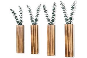 OMISHE 4 Pack Wood Wall Planters with 8 Pcs Artificial Eucalyptus, Plant Wall Decor for Living Room, Bedroom, Bathroom, Office, Wall Hanging Decor Wall Vase with Faux Plants, Brown
