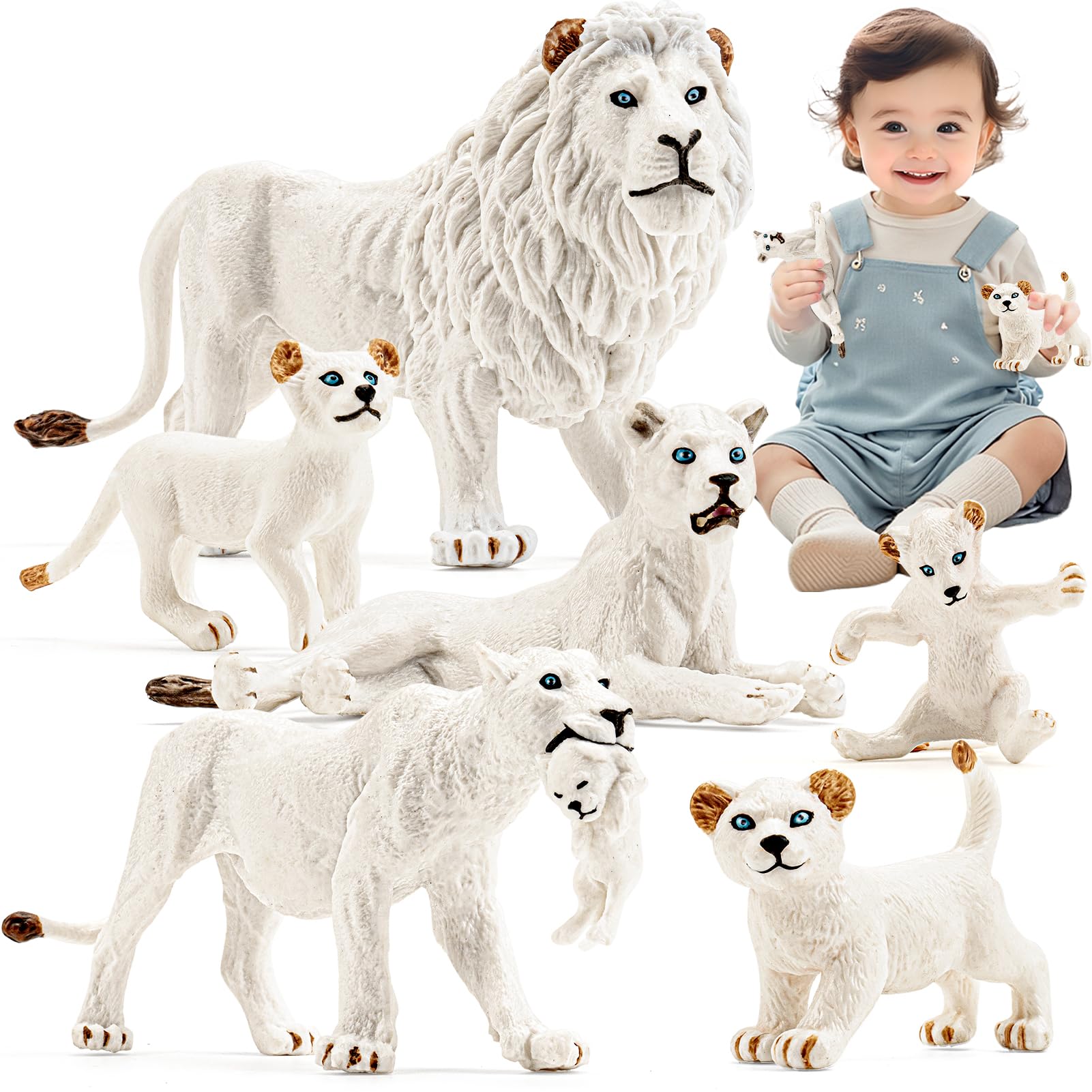 THINKBAY 6PCS White Lion Toys Figurines Pride, African Jungle Animals Lion Family, Realistic Zoo Animal Toys, Preschool Toy Birthday Gift Cake Toppers for Kids Boys Girls