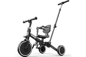 besrey 5 in 1 Toddler Bike with Parent Steering Push Handle for 1-3 Years Old Girls and Boys, Foldable Kids Push Tricycle, Toddler Trike with Removable Pedals, Height Adjustable Seat (Black)