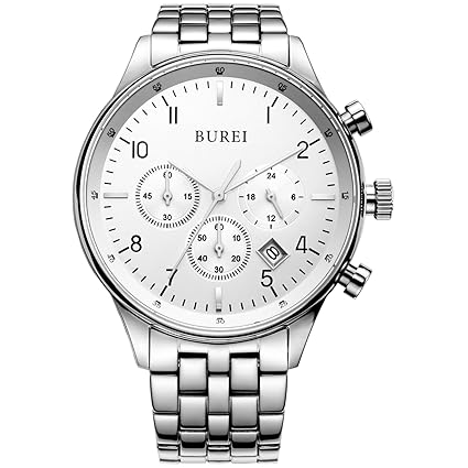 BUREI Mens Multifunction Chronograph Wrist Watch Stainless Steel Bracelet Sapphire Lens Fathes Day Gifts (silver)