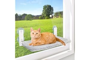 AMOSIJOY Cordless Cat Window Perch, Cat Hammock for Wall with 4 Suction Cups, Anchor&Screw for Two Ways of Installation, Solid Metal Frame and Reversible Cover, Foldable Cat Beds for Indoor Cats