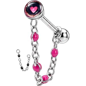 OUFER Chain Tongue Piercing Jewelry-14G Surgical Steel Tongue Barbell with Pink Heart Enamel- Replaceable Chain Design for To