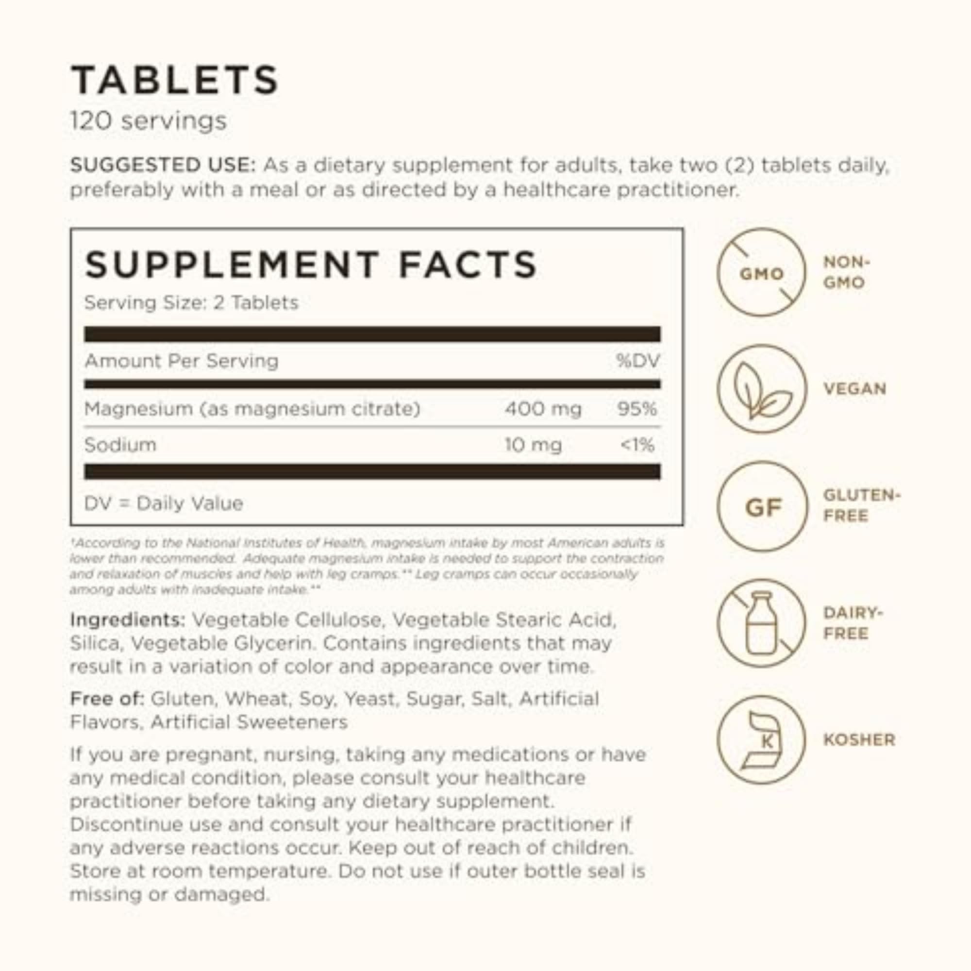 Solgar Magnesium Citrate, 120 Tablets - Promotes Healthy Bones - Supports Nerve & Muscle Function - Non GMO, Vegan, Gluten Free, Dairy Free, Kosher - 60 Servings, Standard Packaging