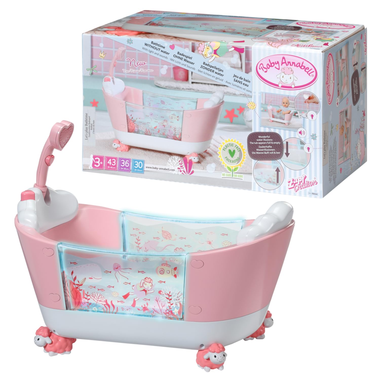 Baby Annabell Let's Play Bathtime Tub 43cm - Under-the-Sea Pattern & Special Water Effect - Lights Up - Easy for Small Hands, Creative Play Promotes Empathy & Social Skills, For Toddlers 3 Years & Up
