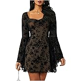 WDIRARA Women's Floral Jacquard Mesh Gothic Dress Bell Long Sleeve A Line Vintage Dresses