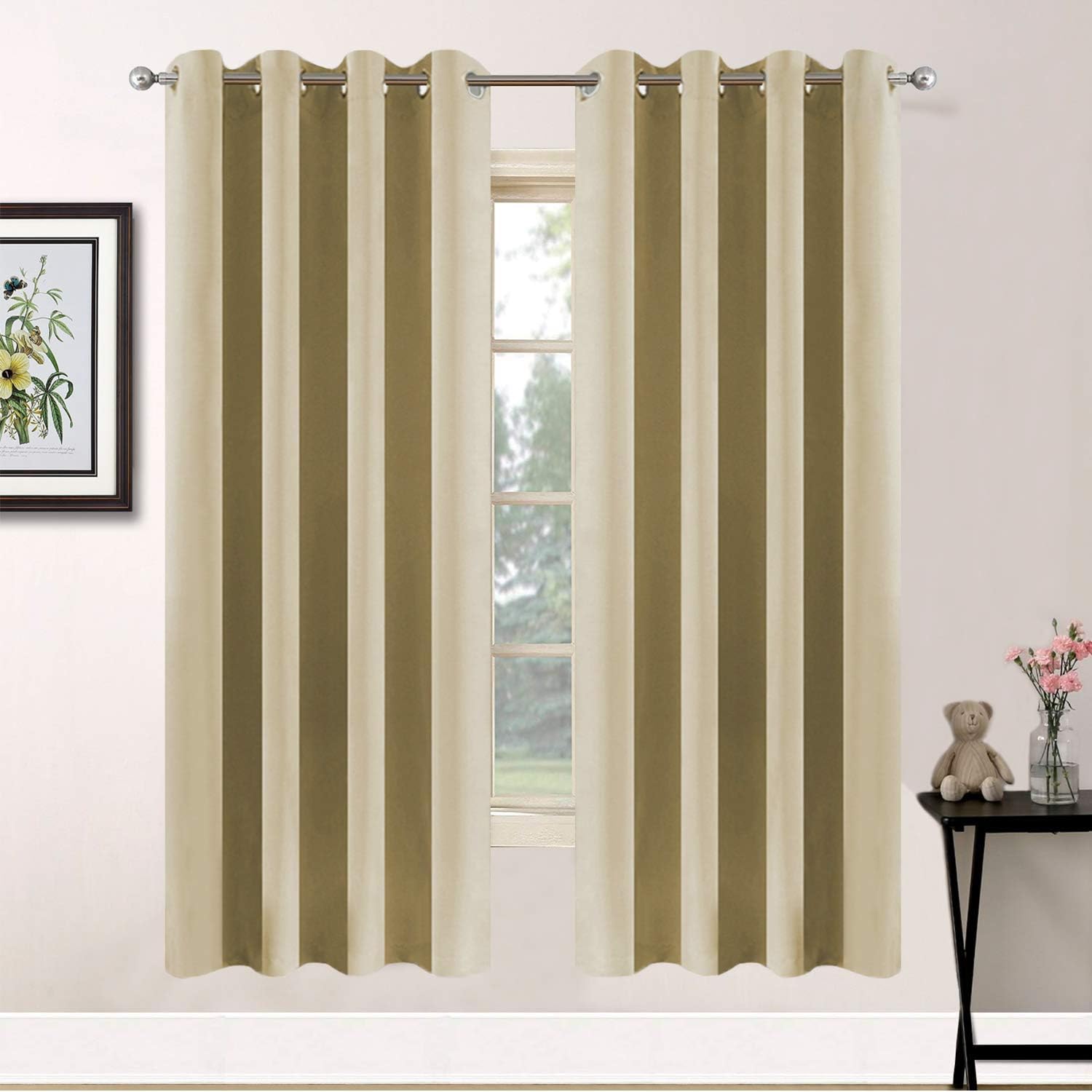Yakamok Blackout Room Darkening Thermal Insulated Curtain Grommet Panel - Energy Efficient, W52 x L63 -Inch - Beige - Set of 2,Tie Backs Included