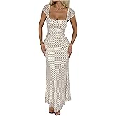 Milumia Women's Polka Dots Square Neck Sleeveless Bodycon Tank Maxi Dress Mesh Summer Long Dresses