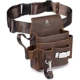 Leather Tool Pouch, Electrician Tool Belt with 12 Pockets, Adjustable Fit for Electricians, Brown