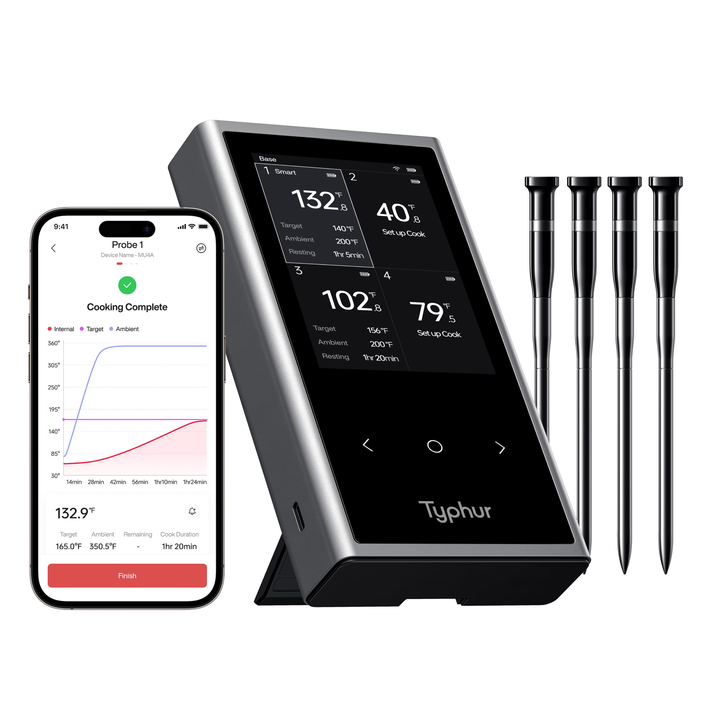 Typhur Sync Wireless Meat Thermometer Quad | 4 Probes | 6 Sensors | LCD Display | WiFi and Bluetooth 5.3 | Improved Stability and Range | IPX8 Waterproof | for BBQ, Grill, Smoker, Oven, Kitchen Image