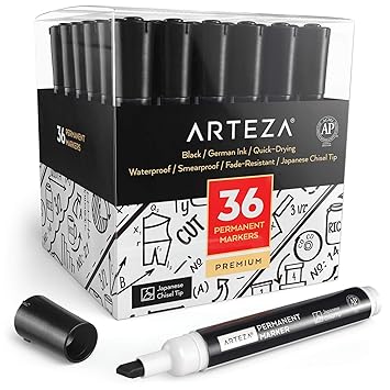 ARTEZA Permanentmarker | 36 Schwarze Farbstifte | Hochwertige Wasserfeste, Wischfeste und Schnell Trocknende Stifte | Marker-